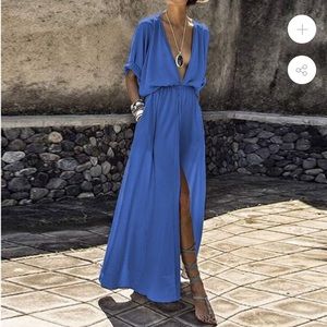Blue deep v-neck beach dress